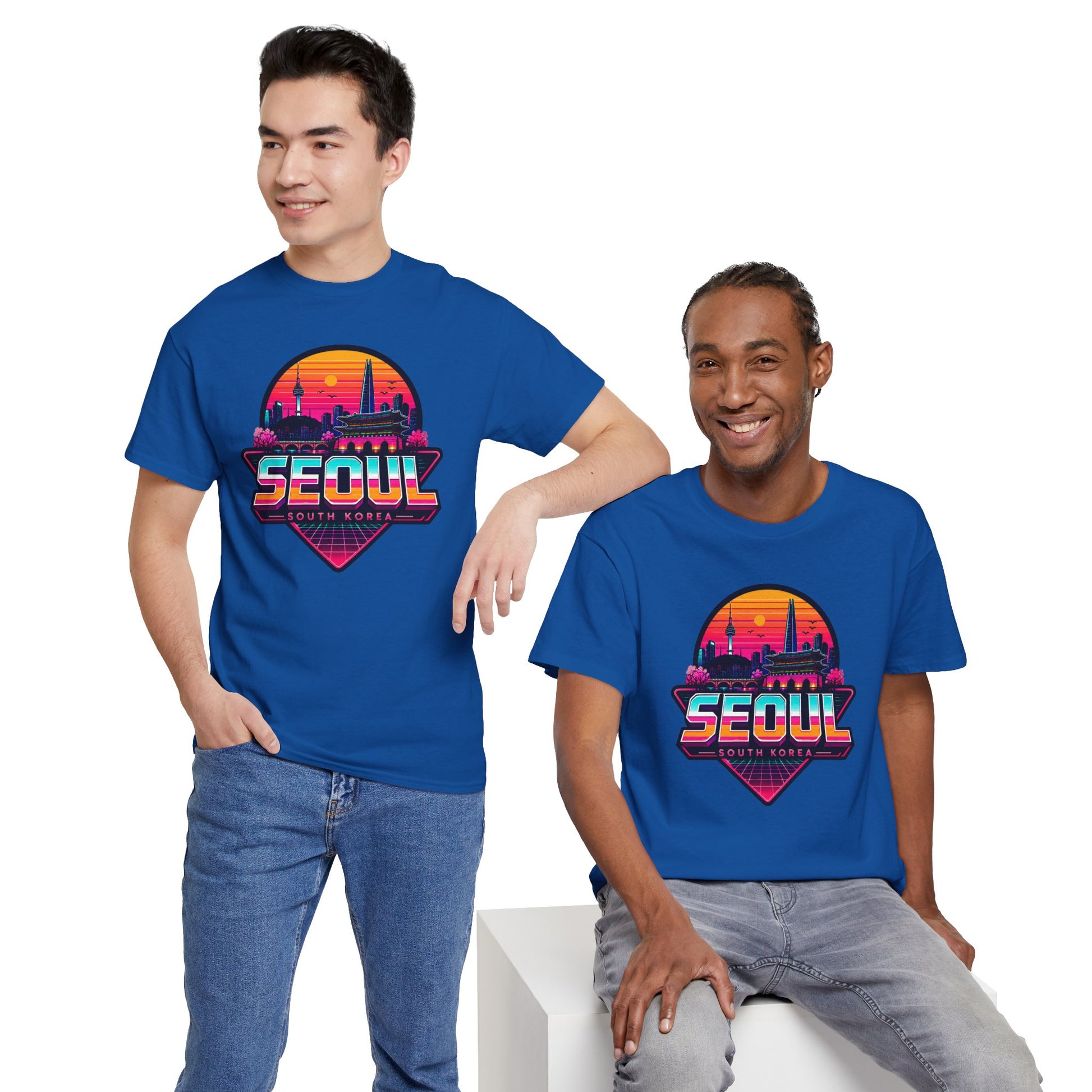 Royal blue short-sleeve T-shirt with Seoul heart city graphic, worn by two men