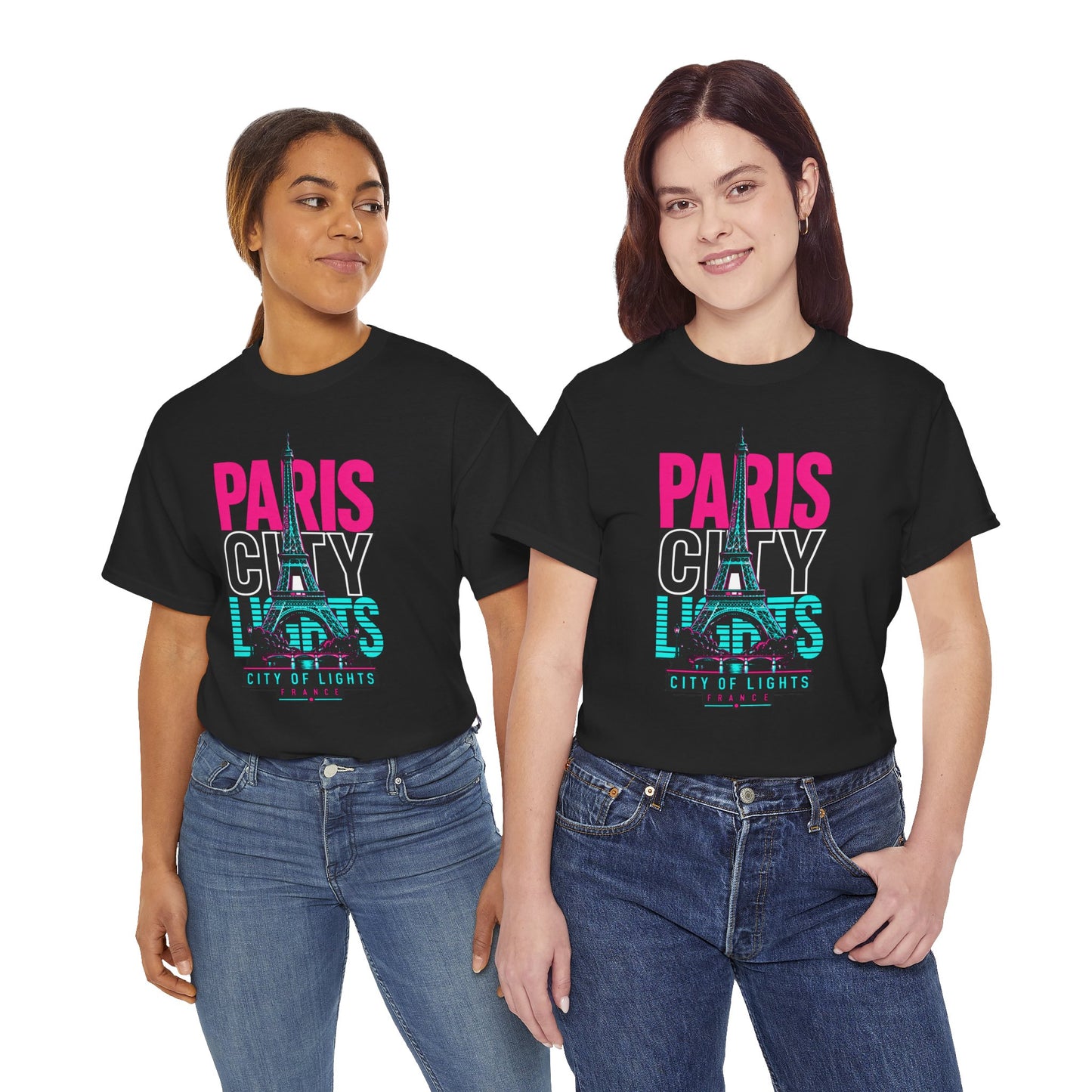 Black crewneck T-shirt with neon 'PARIS CITY' Eiffel graphic