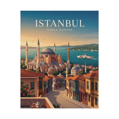 Travel poster with Istanbul title, Hagia Sophia architecture, and harbor boat