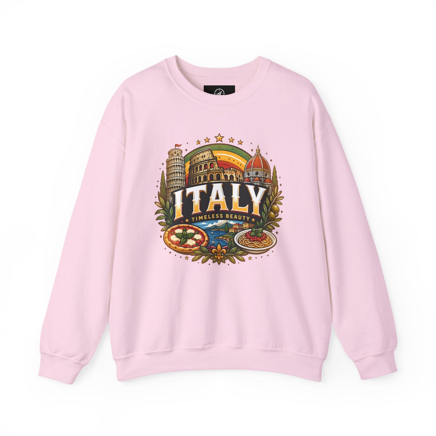Light pink crewneck sweatshirt with colorful Italy emblem graphic