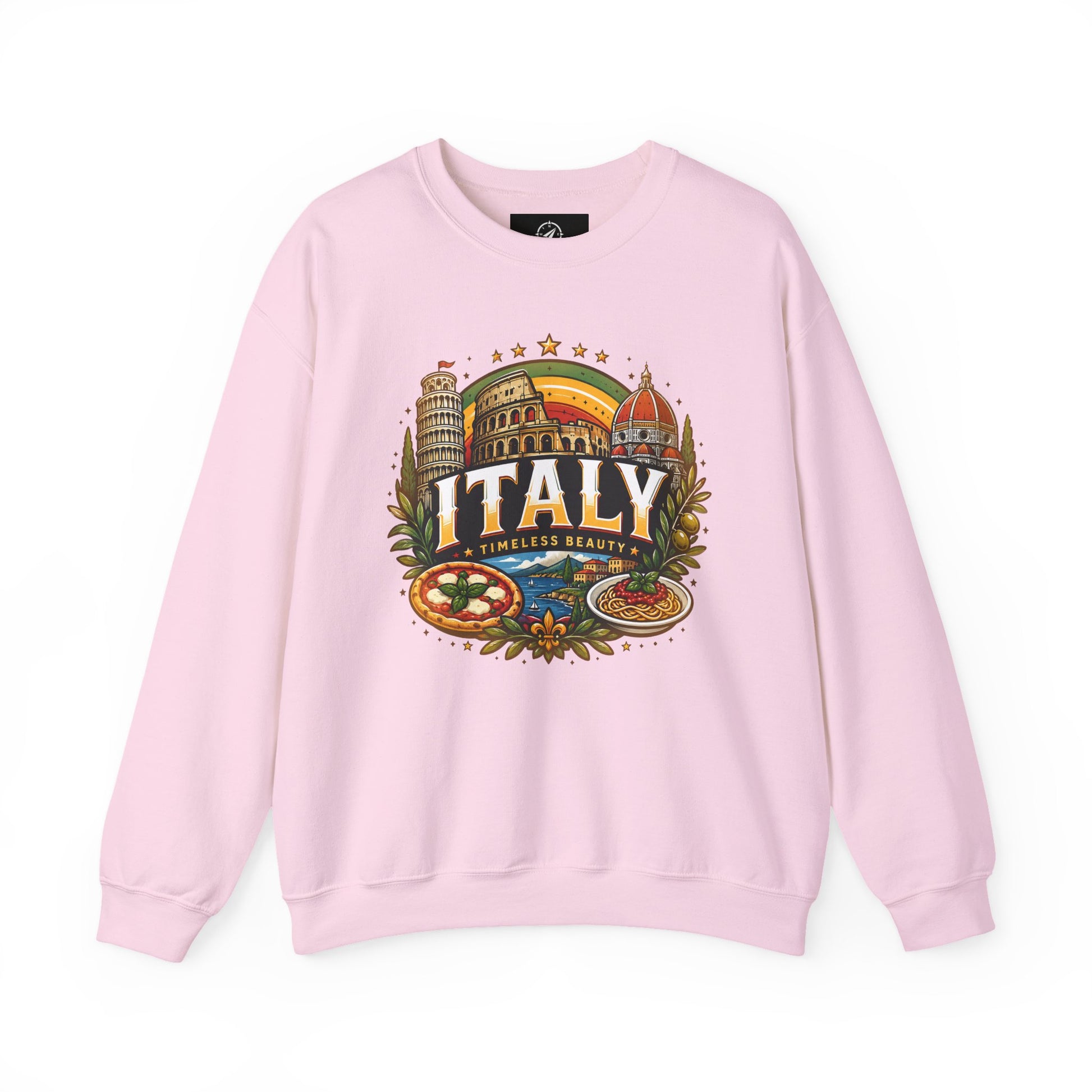 Light pink crewneck sweatshirt with colorful Italy emblem graphic