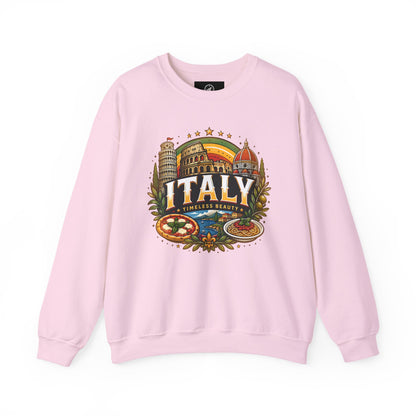 Light pink crewneck sweatshirt with colorful Italy emblem graphic