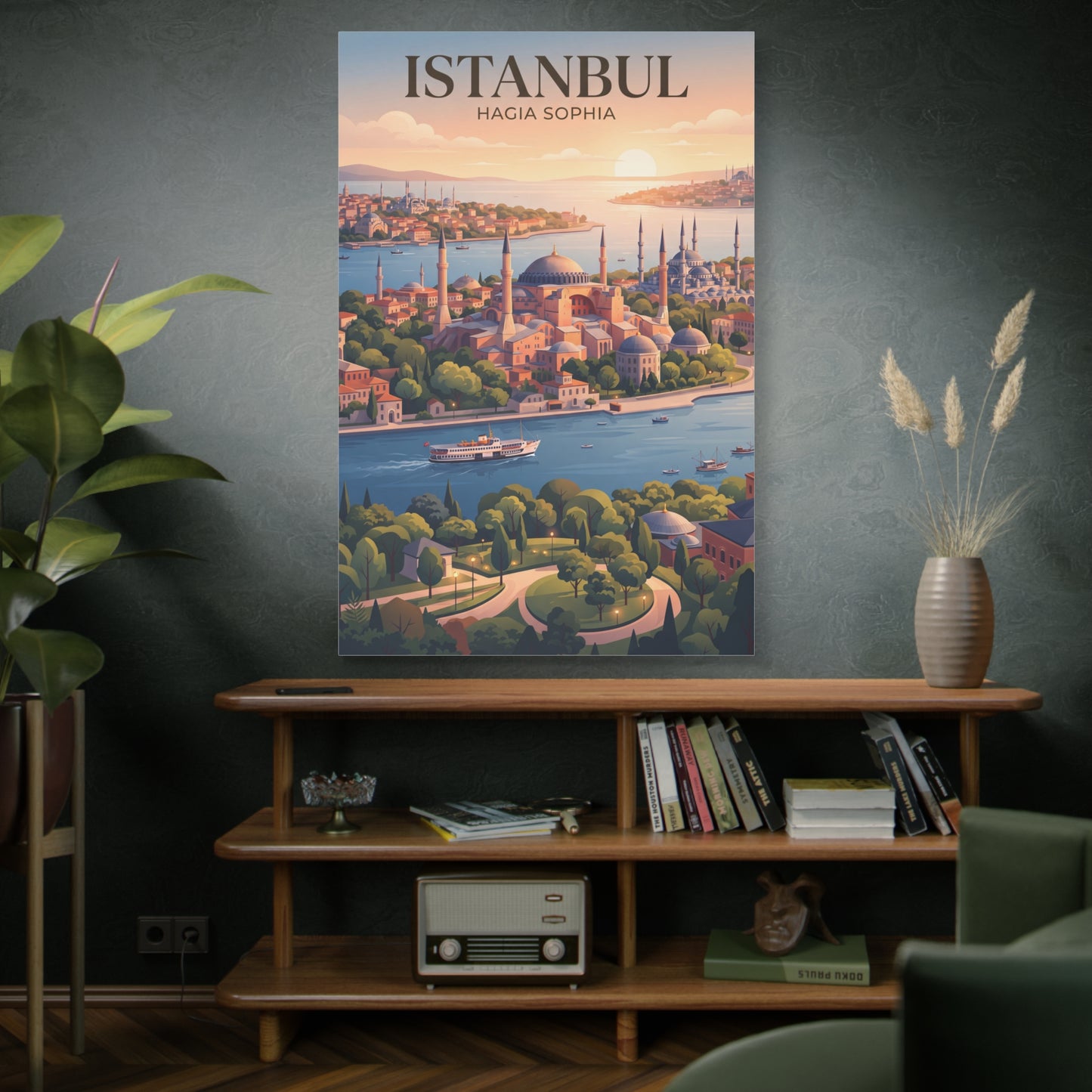 Matte canvas wall art of Bosphorus scenery with Istanbul domes and boats