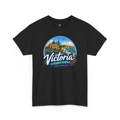 Black travel tee with Victoria graphic logo on the chest