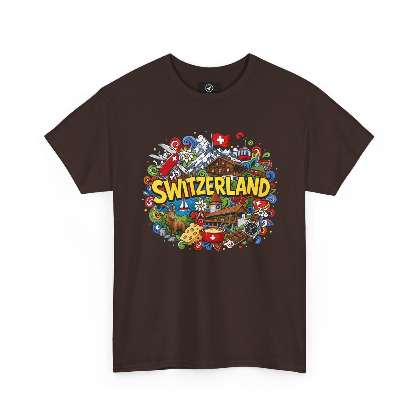 Dark brown Switzerland travel T-shirt with colorful Switzerland badge graphic on chest