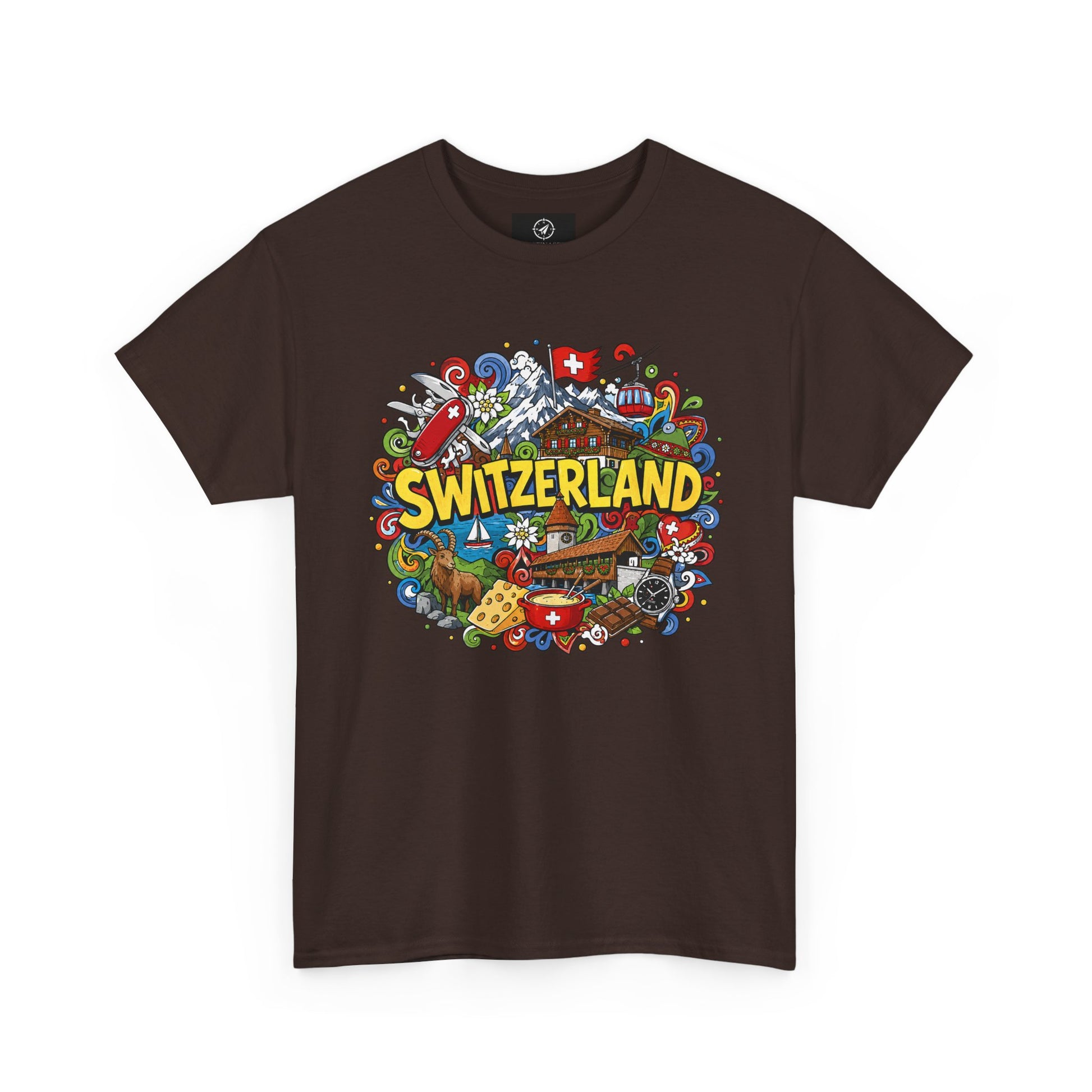 Dark brown Switzerland travel T-shirt with colorful Switzerland badge graphic on chest
