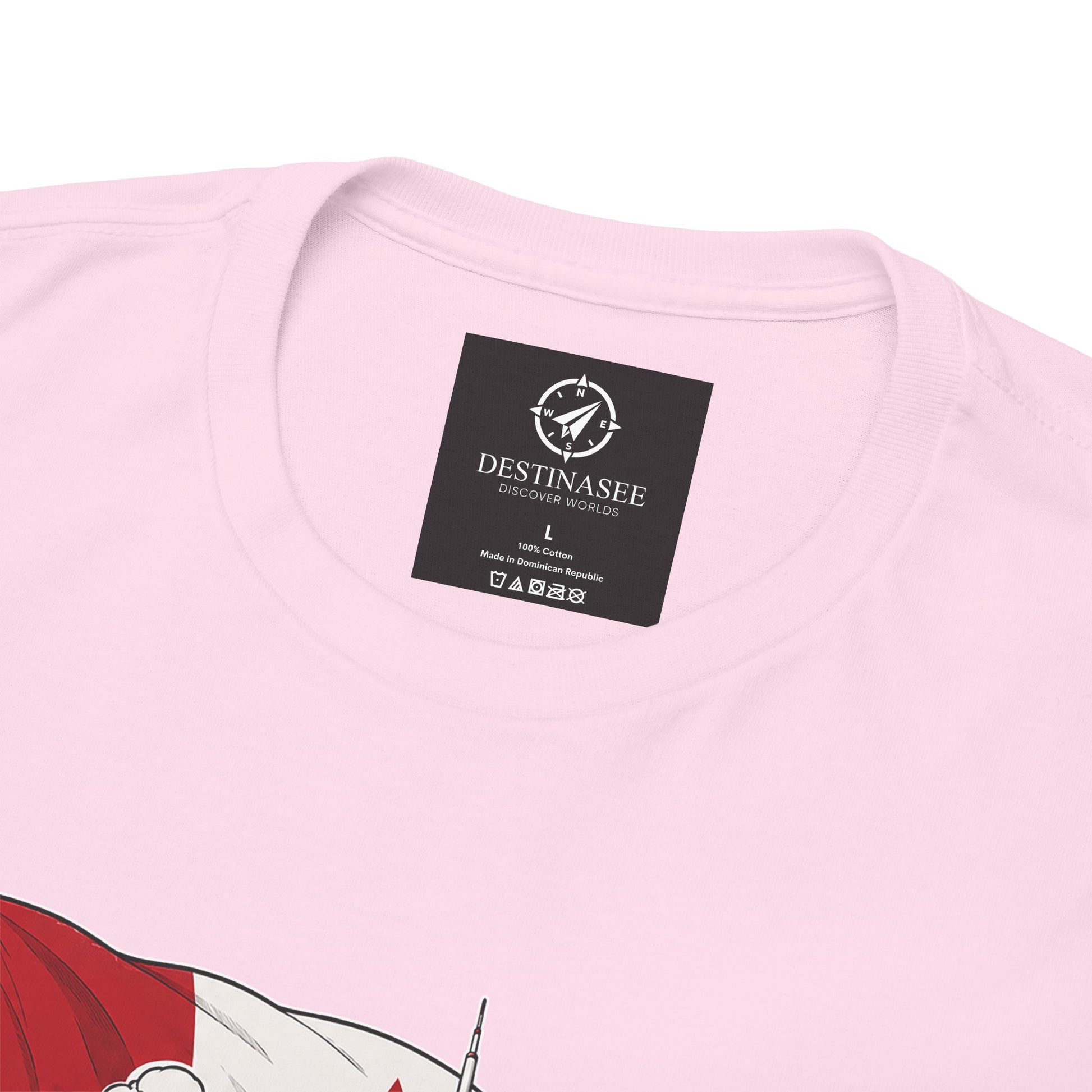 Light pink crewneck t-shirt with “DESTINASEE” label at the back neck