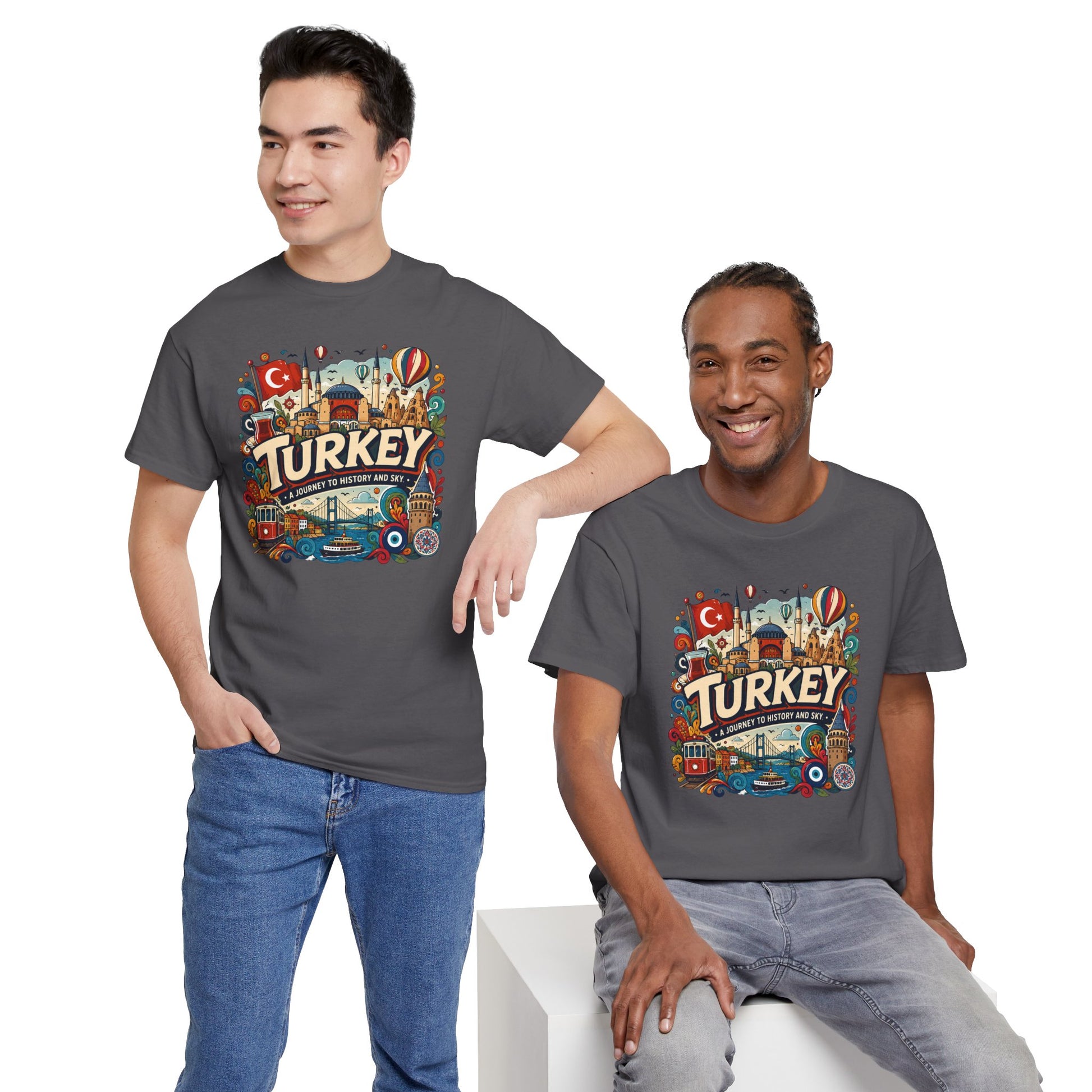 Charcoal gray graphic tee with colorful Turkey-themed emblem on the front, worn by two models