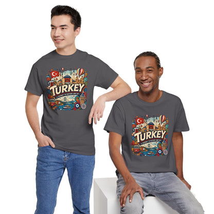 Charcoal gray graphic tee with colorful Turkey-themed emblem on the front, worn by two models