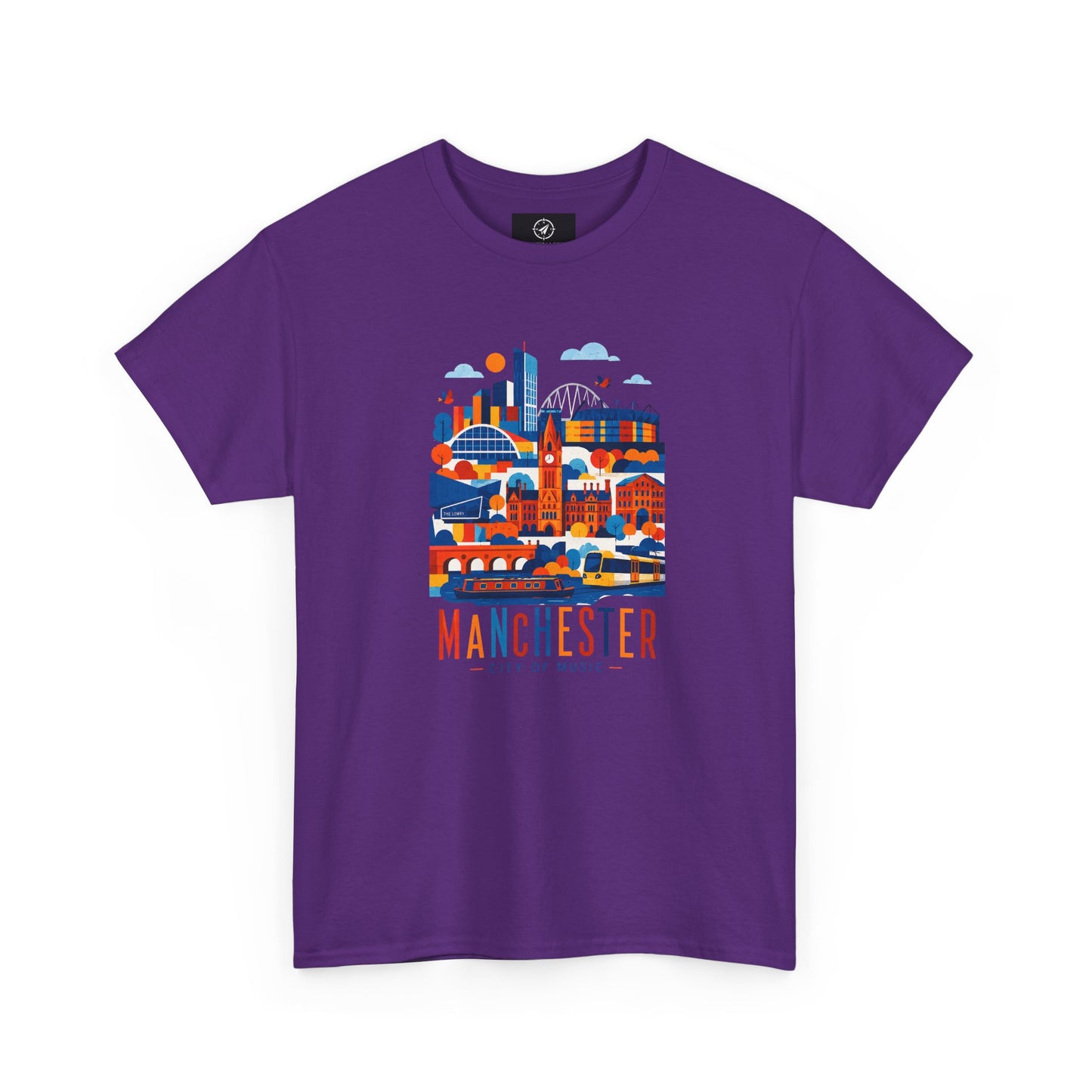 Purple short-sleeve crewneck T-shirt with Manchester skyline graphic on front