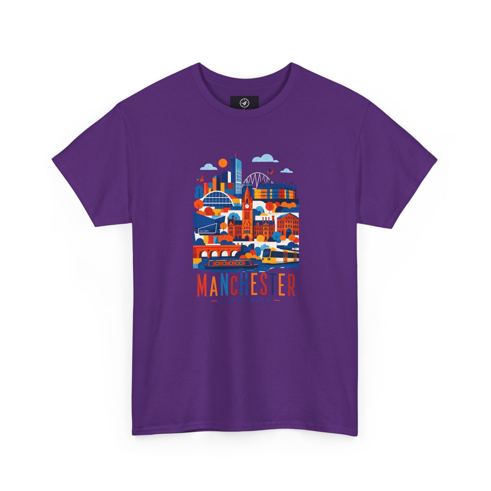 Purple short-sleeve crewneck T-shirt with Manchester skyline graphic on front
