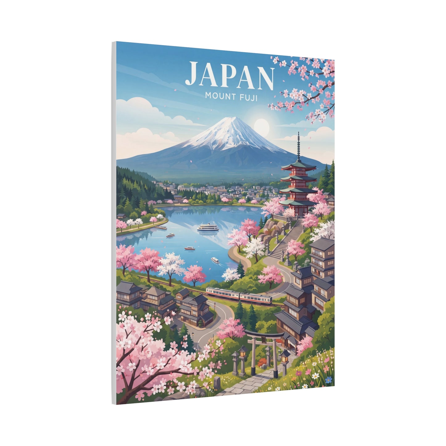 Mount Fuji cherry blossom scenic stretched canvas wall art with 'JAPAN' title