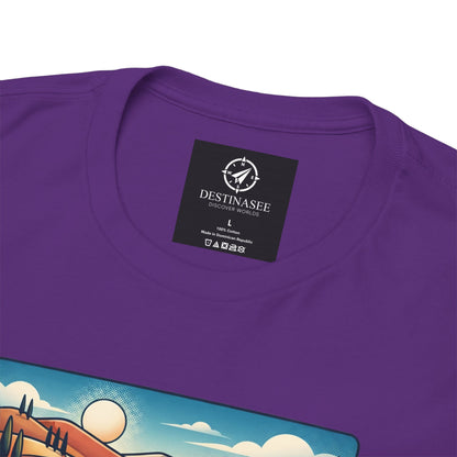 Purple T-shirt neckline with Destinasee label and part of scenic Italy graphic