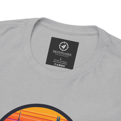 Charcoal gray T-shirt with small neck label and partial colorful chest graphic