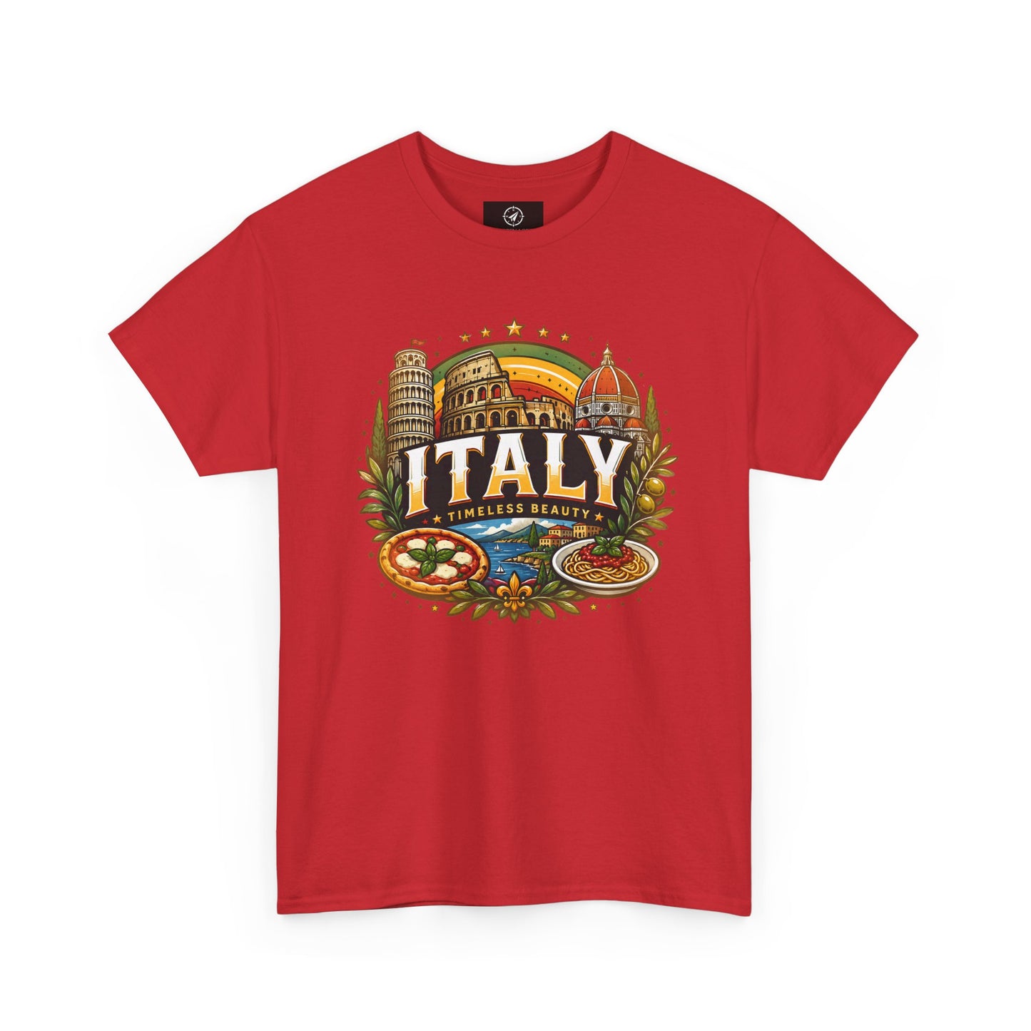 Red short-sleeve crewneck T-shirt with vintage Italy city graphic on front