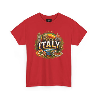 Red short-sleeve crewneck T-shirt with vintage Italy city graphic on front