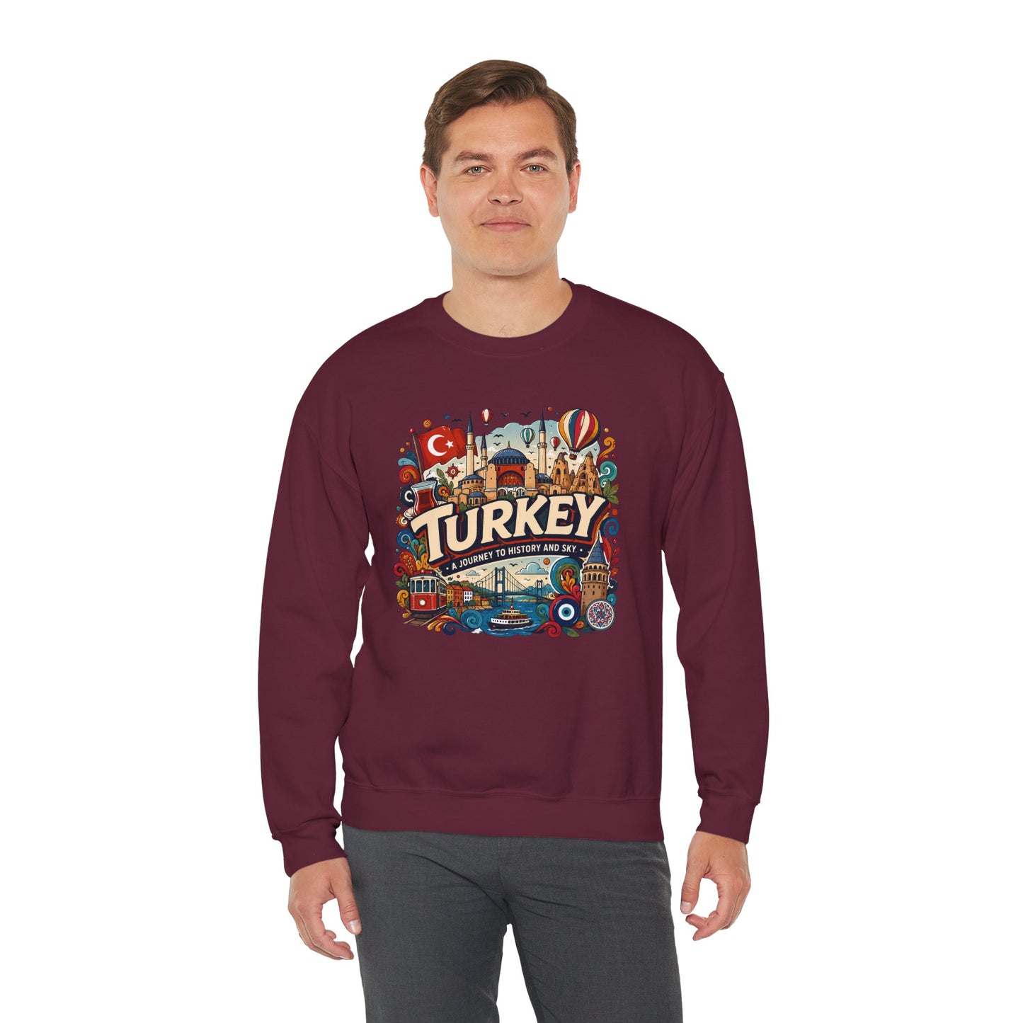 Maroon crewneck sweatshirt with large Turkey city graphic on the chest