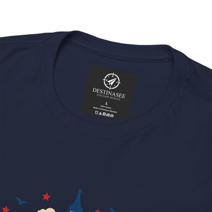 Navy T-shirt close-up of London skyline chest graphic, crew neck.