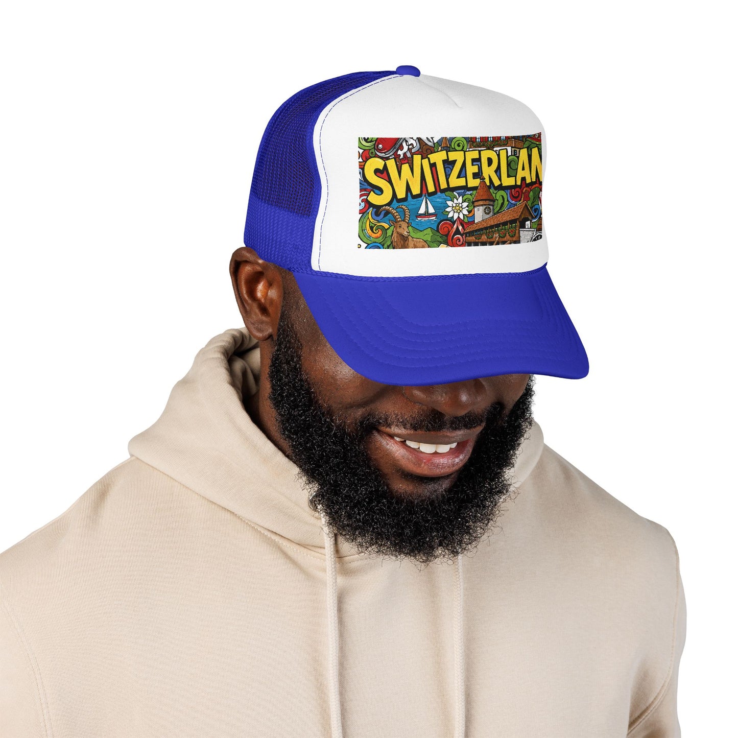 Blue and white mesh trucker hat on model, with colorful “SWITZERLAN” front graphic