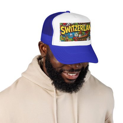 Blue and white mesh trucker hat on model, with colorful “SWITZERLAN” front graphic