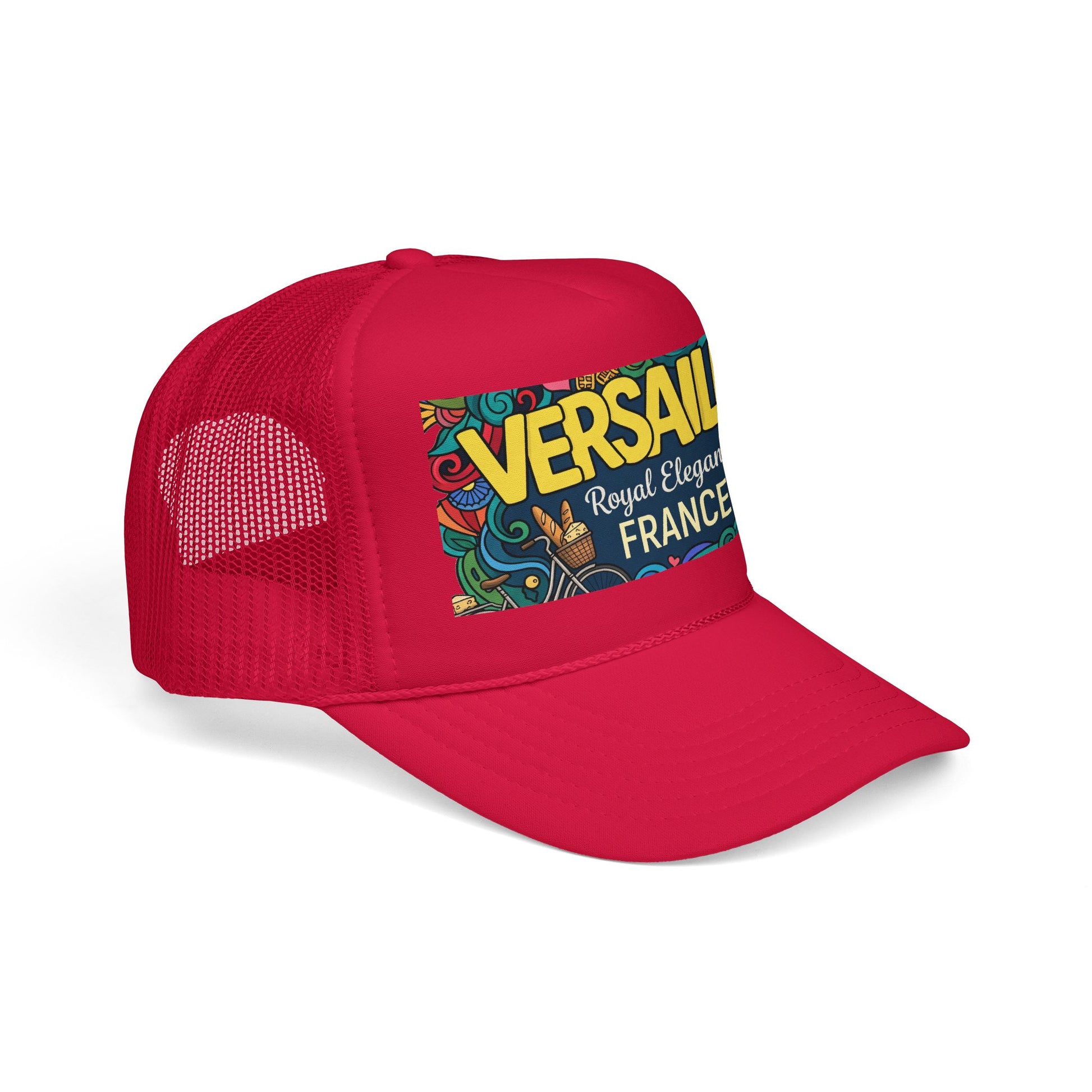 Red trucker hat with front panel and “VERSAILLES” France graphic patch.