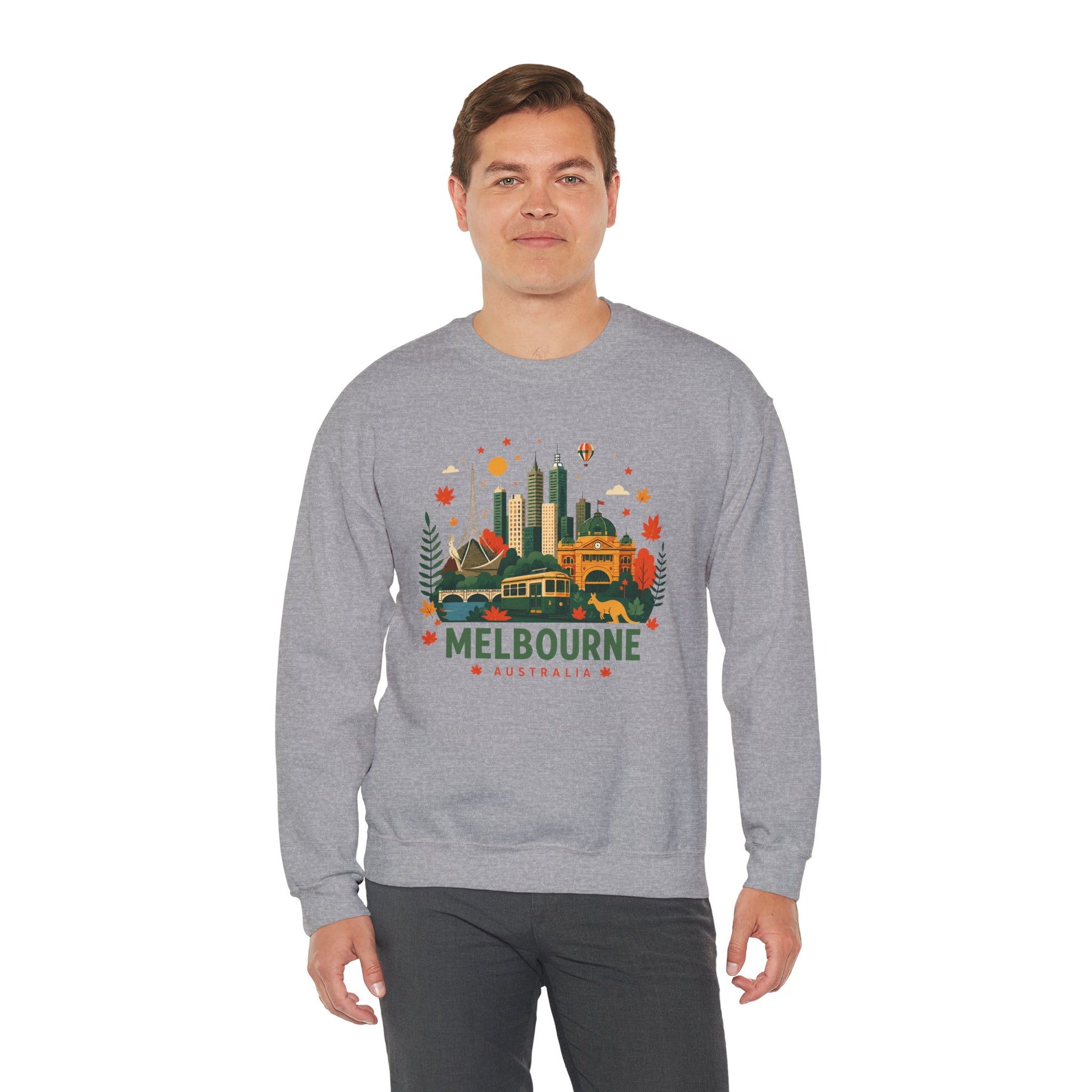 Melbourne cityscape sweatshirt, heather grey crewneck with front Melbourne graphic