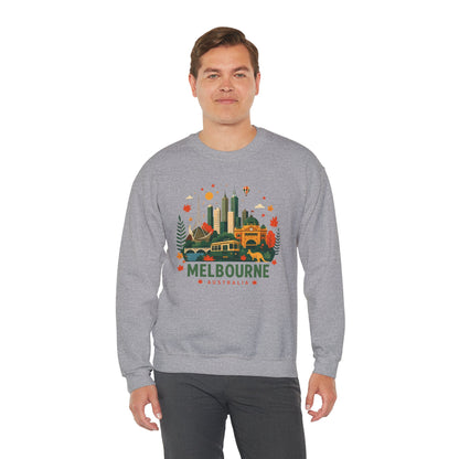 Melbourne cityscape sweatshirt, heather grey crewneck with front Melbourne graphic