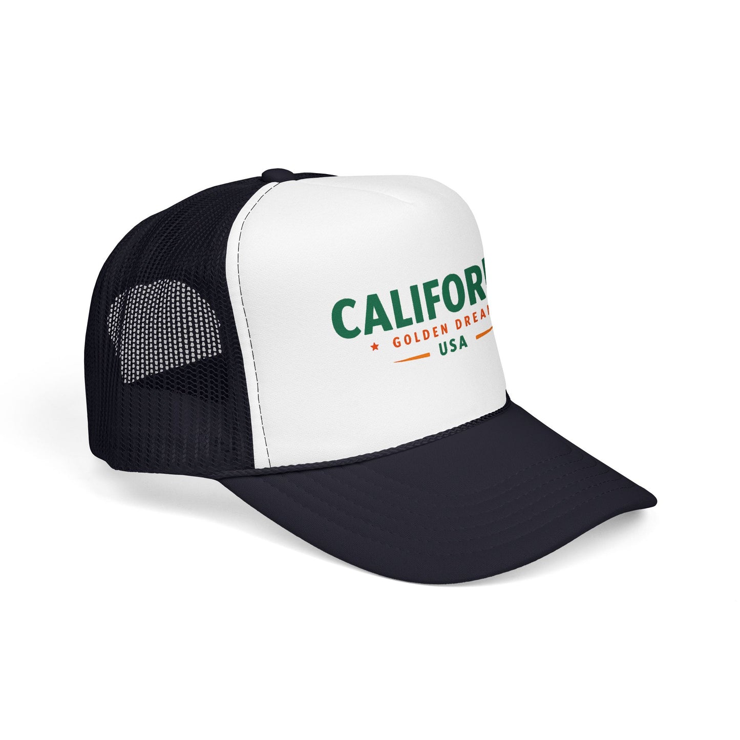 Black and white trucker hat with green California graphic on front panel