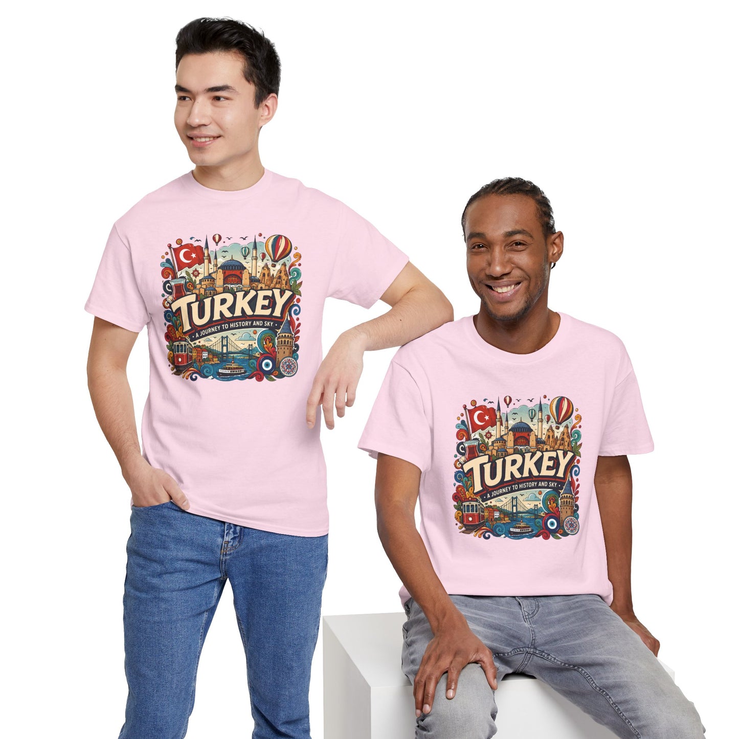 Light pink graphic tee with Turkey-themed emblem on the front, worn by two models
