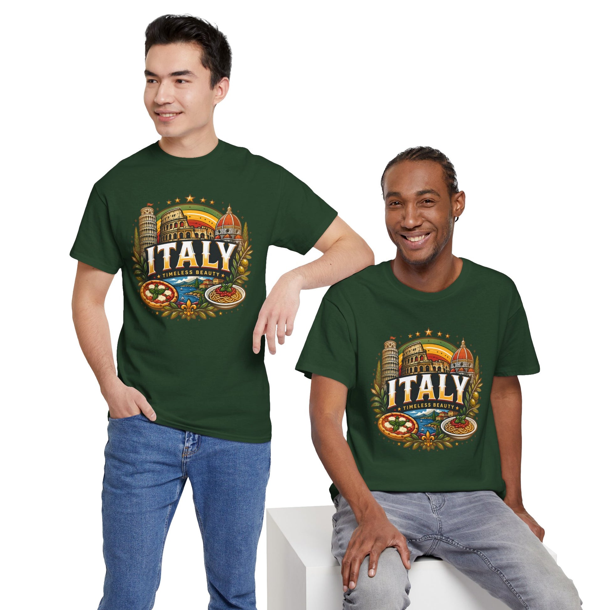 Green crew-neck T-shirt with vintage Italy emblem graphic, worn by models