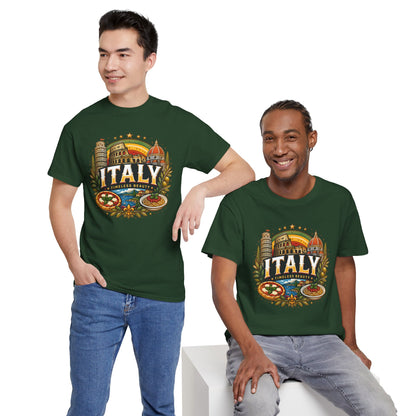 Green crew-neck T-shirt with vintage Italy emblem graphic, worn by models