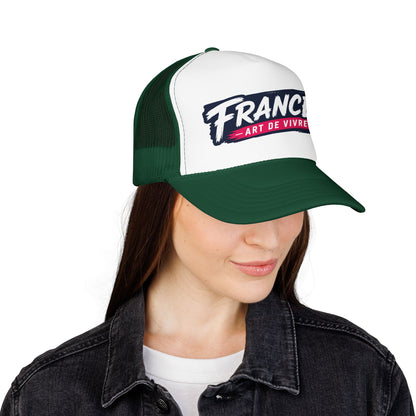 Dark green and white trucker hat with mesh back and 'FRANCE Art de Vivre' front patch