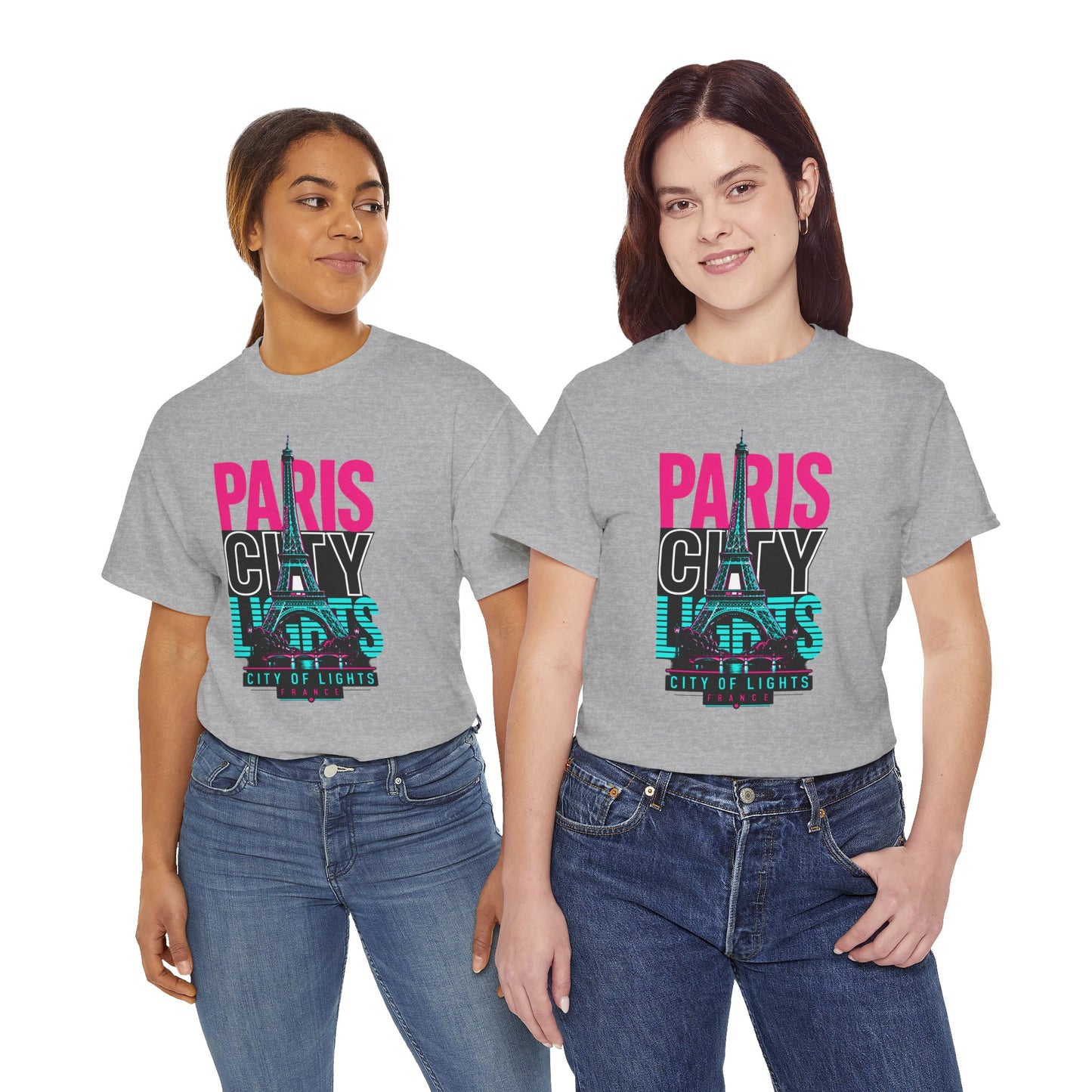 Heather gray crewneck t-shirt with colorful “PARIS CITY” neon Eiffel Tower graphic