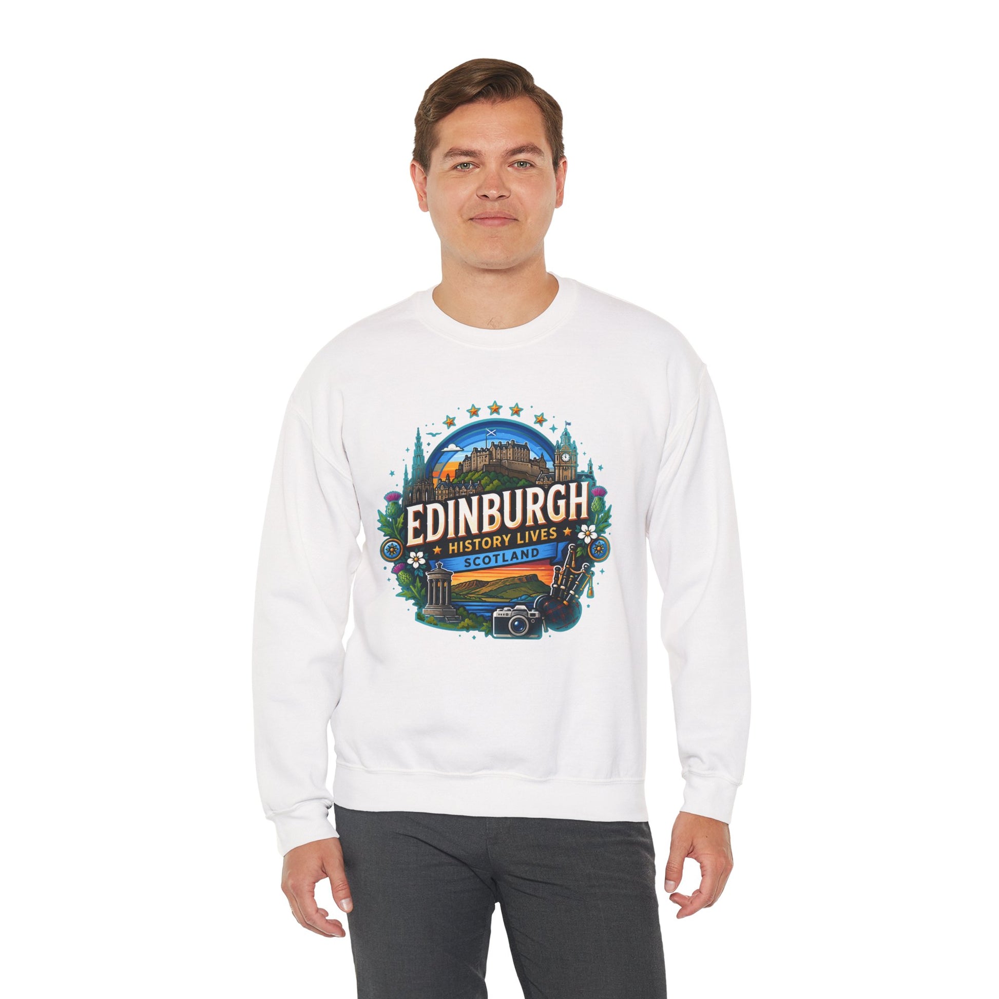 White crewneck sweatshirt with front printed Edinburgh graphic logo