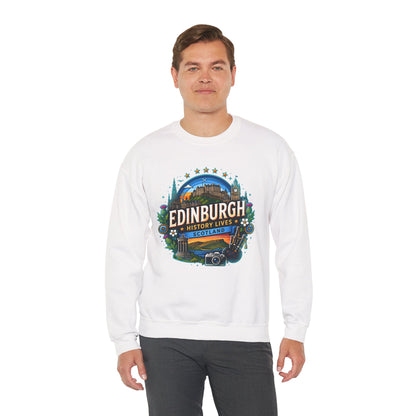 White crewneck sweatshirt with front printed Edinburgh graphic logo