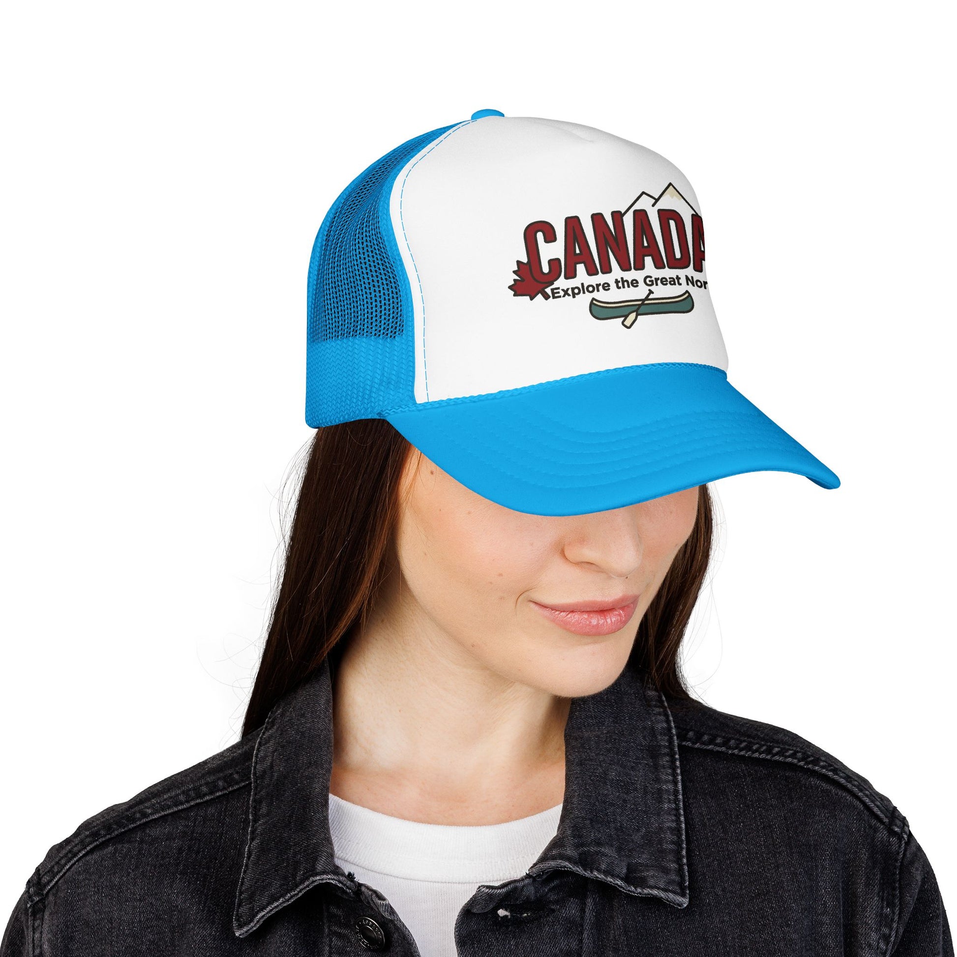 Blue and white foam trucker hat with mesh back and CANADA logo patch on front