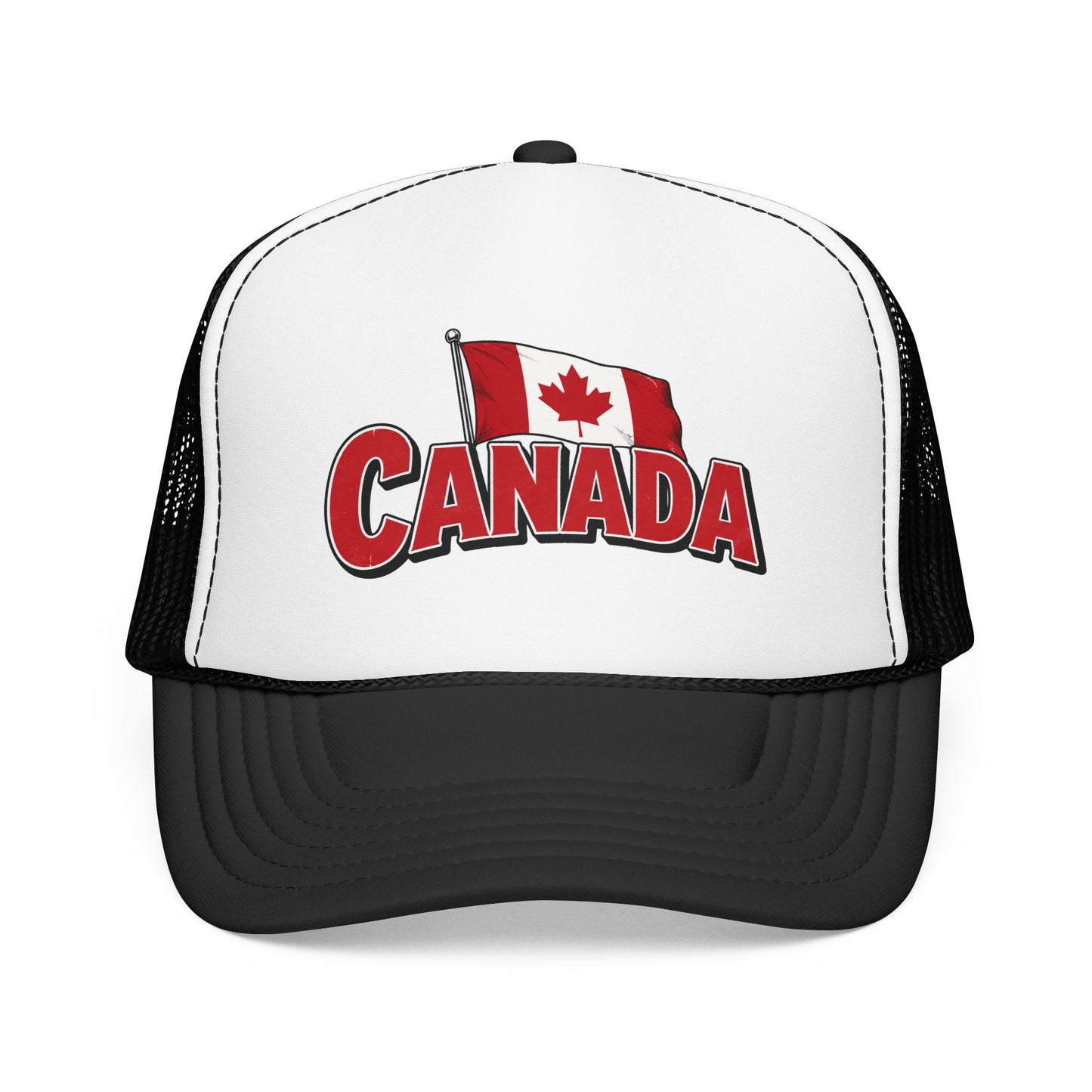 White and black trucker hat with mesh sides and red “CANADA” front logo