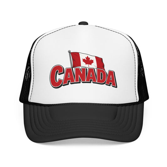 White and black trucker hat with mesh sides and red “CANADA” front logo