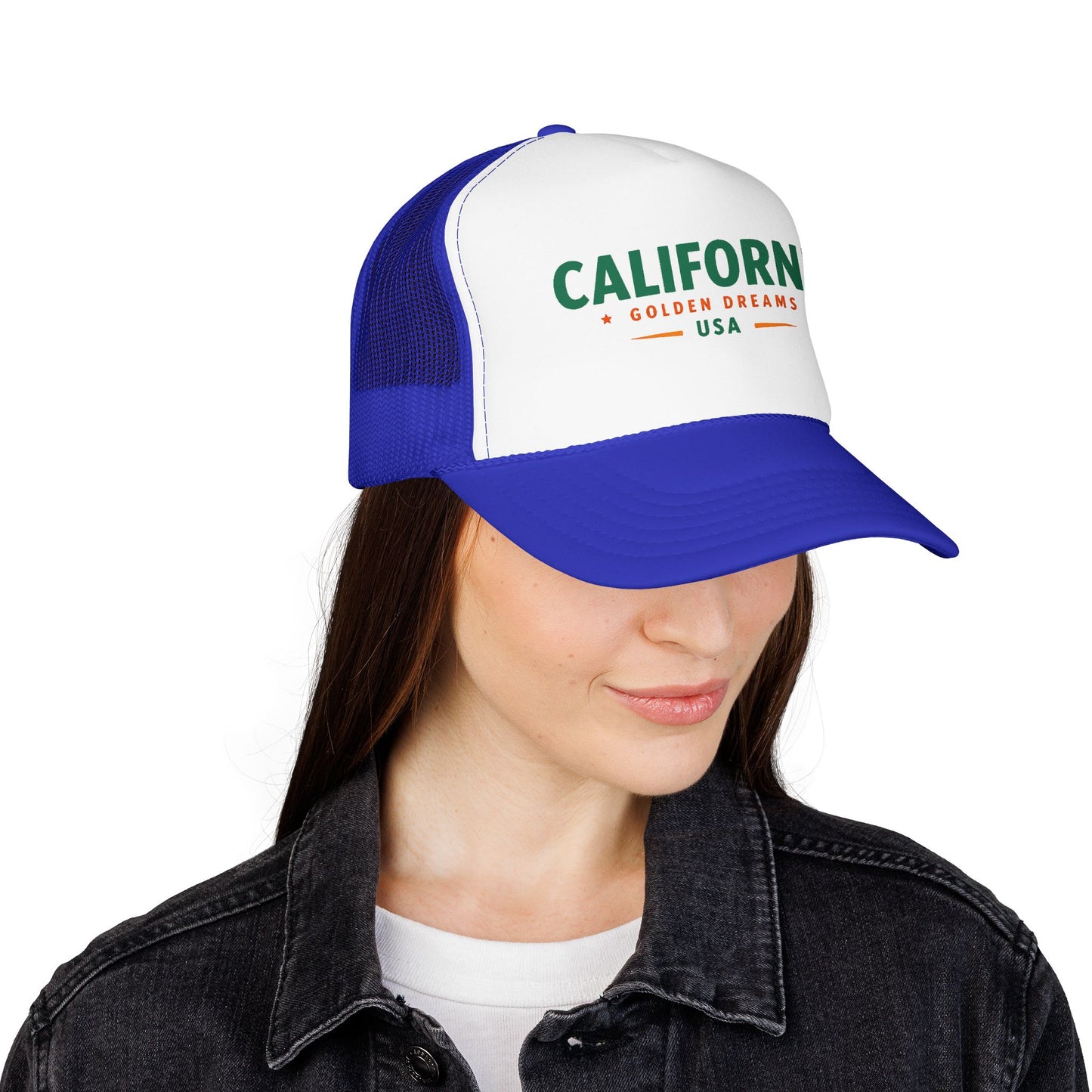 Blue and white trucker cap showing green California logo on the front panel