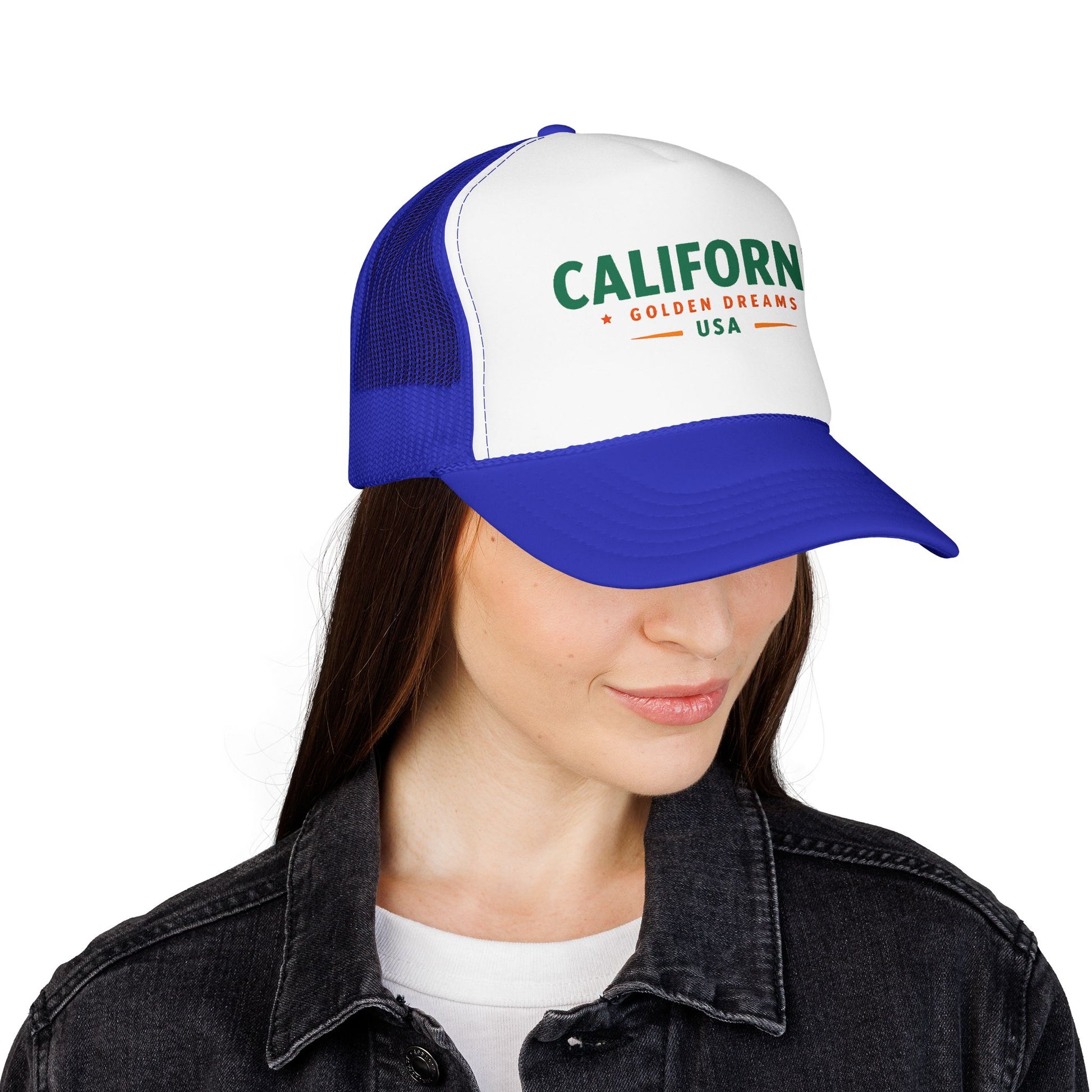 Blue and white trucker cap showing green California logo on the front panel