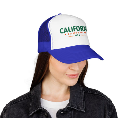 Blue and white trucker cap showing green California logo on the front panel