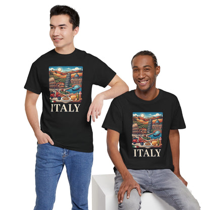 Black crew-neck t-shirt with Italy scene graphic and “ITALY” text on front