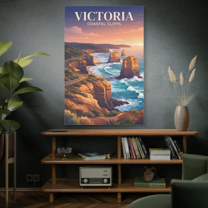 Matte canvas wall art of Victoria coastal cliffs on wall above wooden console table