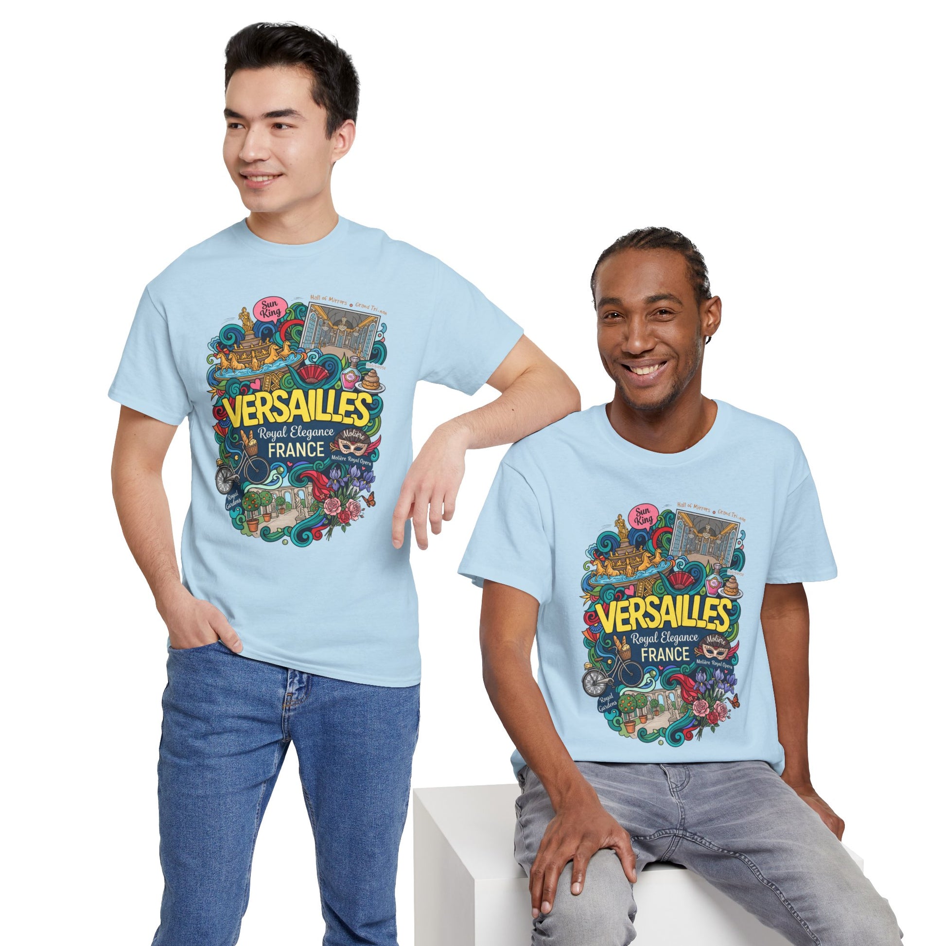 Light blue crew-neck T-shirt with centered colorful Versailles illustrated front graphic