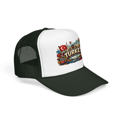 Black and white trucker hat with dark green brim and printed Turkey front patch