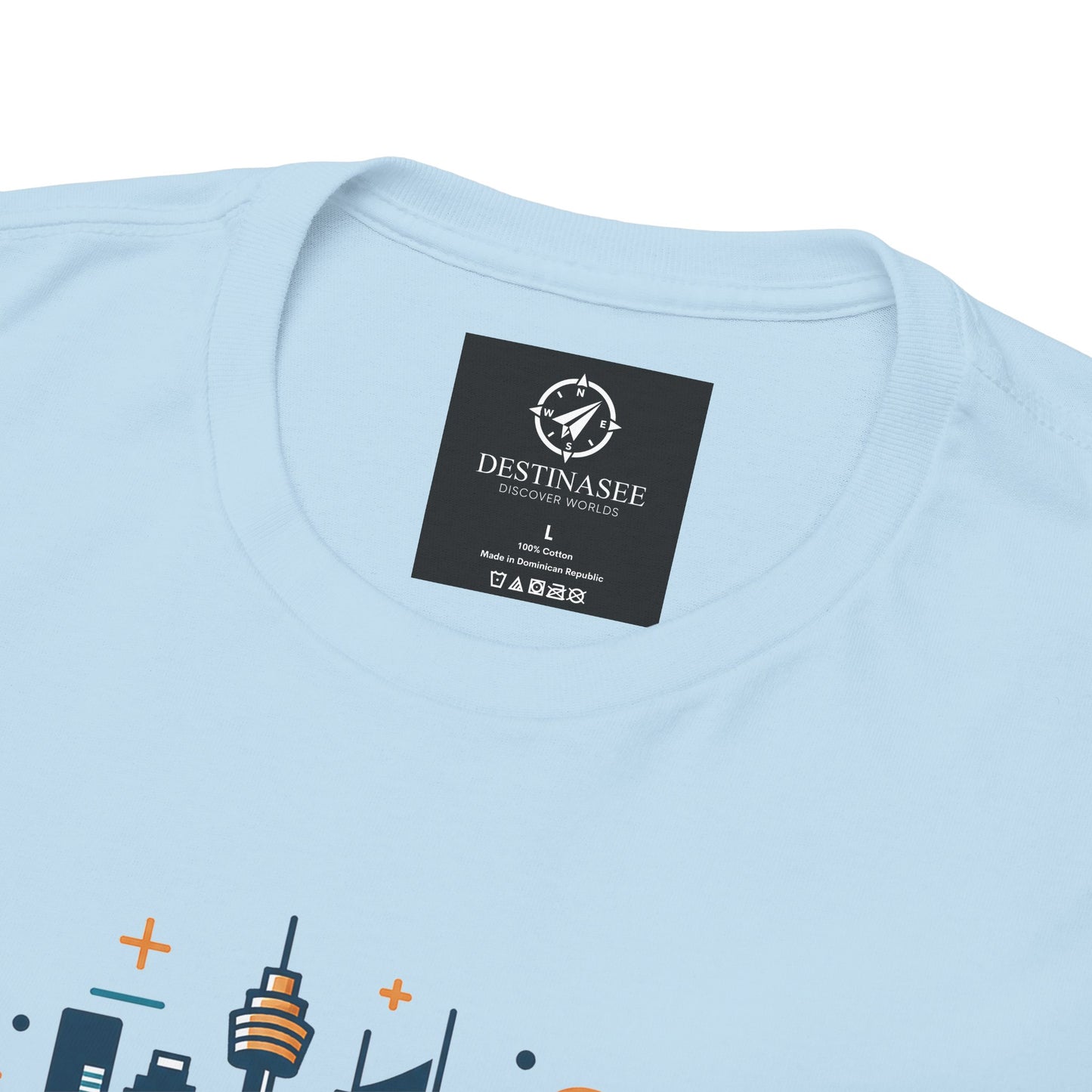 Light blue t-shirt with small neck label and part of Sydney city graphic