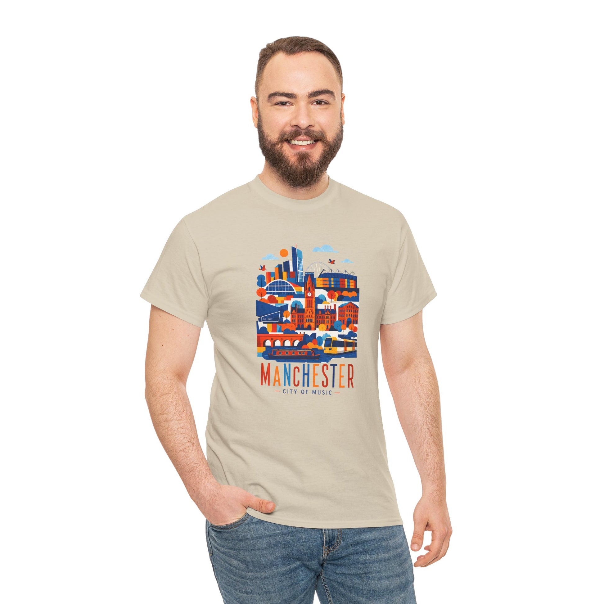 Light beige crew-neck t-shirt with colorful Manchester skyline graphic on the chest