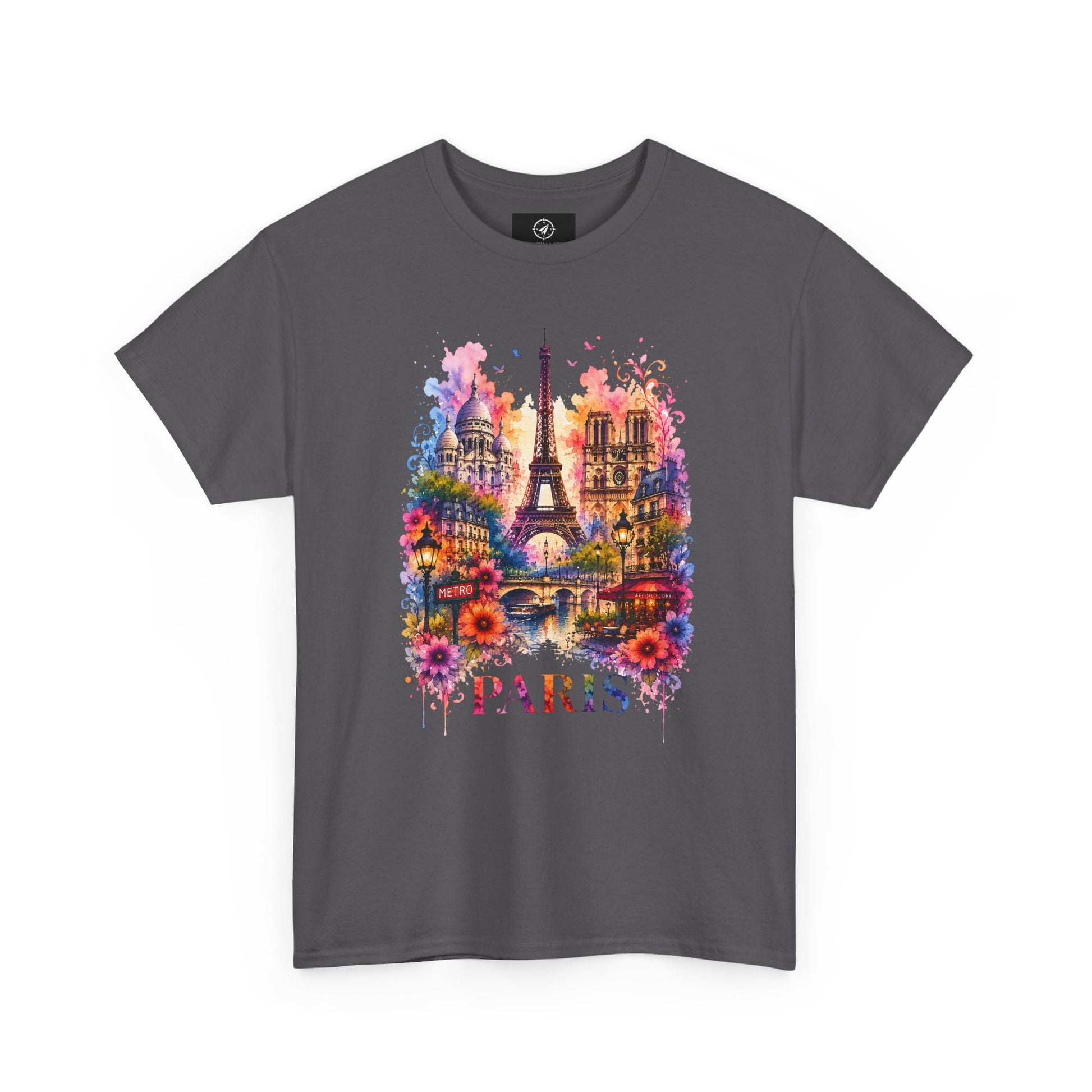 Charcoal gray T-shirt with colorful Eiffel Tower floral watercolor graphic and PARIS text