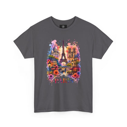 Charcoal gray T-shirt with colorful Eiffel Tower floral watercolor graphic and PARIS text