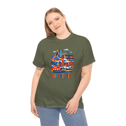 Olive green T-shirt with Manchester skyline graphic on the chest